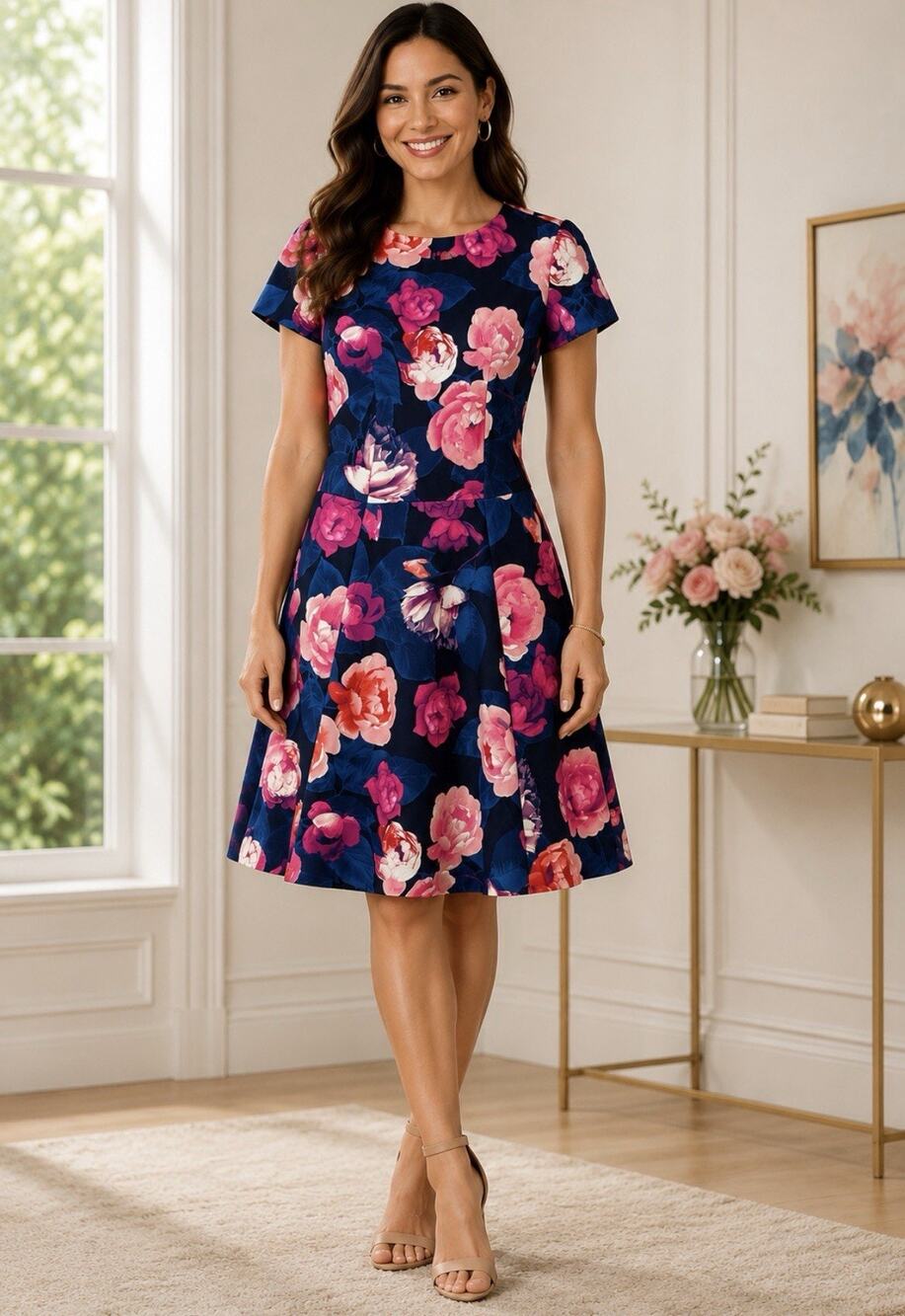 NWT Eliza J Floral Print Navy Fit & Flare Dress Casual Career Colorful Pockets 2